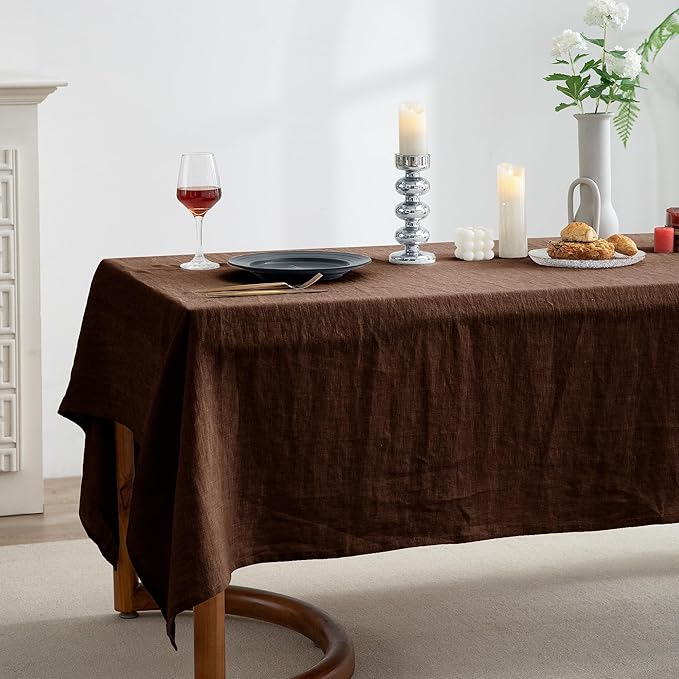 EVERLY 100% Pure Linen Rectangle Tablecloths 60x84Inches for Dining,Buffet Parties,Picnic,Events,Weddings and Restaurants,Decorative Halloween,Thanksgiving Machine Washable Tablecloths-Chocolate