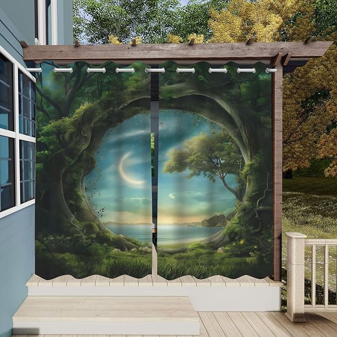 Forest Theme Waterproof Outdoor Curtains for Patio,Trees Moon Lake Pattern,Privacy Weatherproof Grommet Outside Curtains for Porch, Pergola, Cabana,2 Panels,W36 x L84,Green