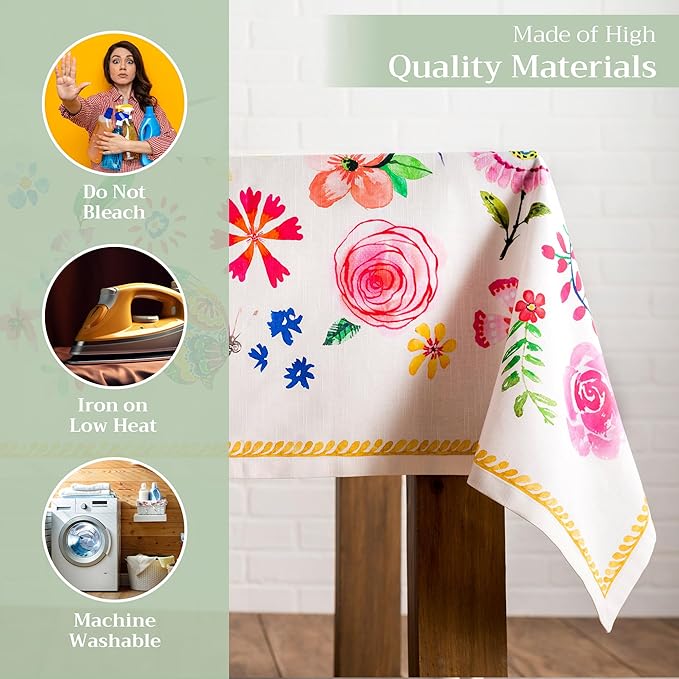 Maison d' Hermine Table Cloth Rectangle Table 100% Cotton 60 x 108 Inches Tablecloth Reusable for Dining Room, Farmhouse, Home, Party, Festive & Wedding Spring Summer - Happy Florals - Sweety