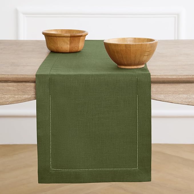 Solino Home Linen Olive Table Runner 120 Inches Long - 100% Pure Linen Hemstitch 14 x 120 Inch Table Runner for Dining, St Patricks Day - Classic Hemstitch