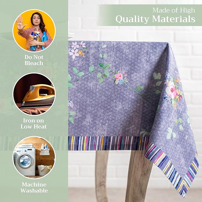 Maison d' Hermine Table Cloth Square Table 100% Cotton 60 x 60 Inches Tablecloth Reusable for Dining Room, Farmhouse, Home Party, Festive & Wedding Spring Summer - Sweet Rose Lavender - Country Garden