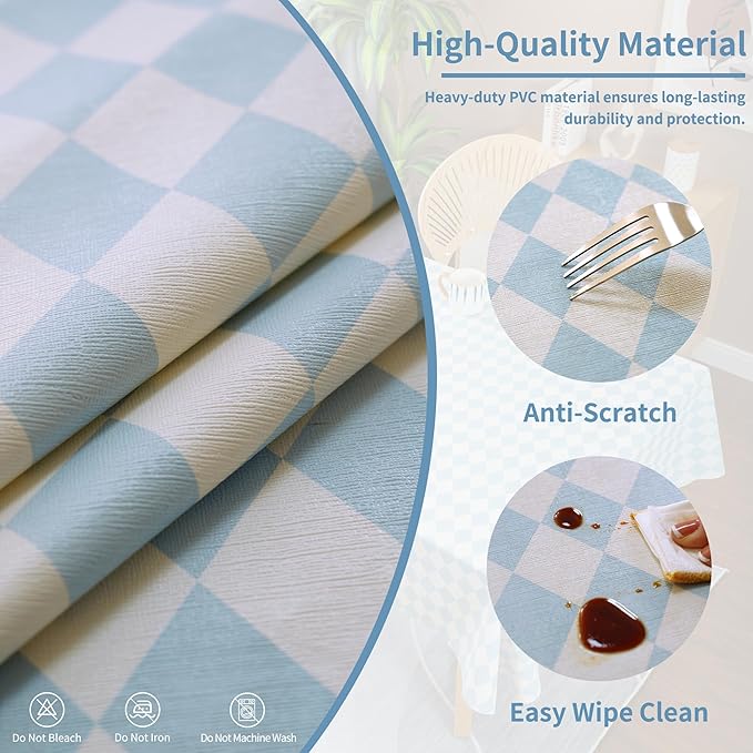 Rectangle Table Cloth,100% Waterproof Tablecloth Oil Proof Spill Proof Vinyl Table Cloth, Wipe Clean Plastic Table Cover for Dining, Camping, Indoor and Outdoor 54" x 102",Blue Checkered