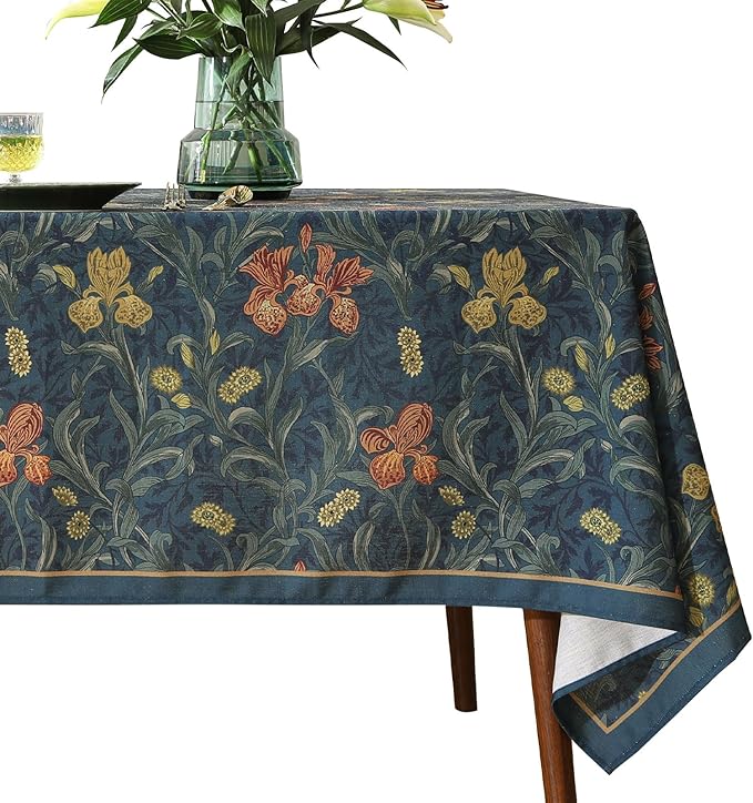 patdrea Designer Vintage Dark Blue Linen Rectangle Tablecloth,French Rustic Floral Pattern Tablecloths,Decorative Table Cover Cloth for Kitchen,Dining,Tea Party,Home,Christmas,67"*118"