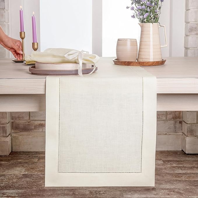 D'Moksha Homes Linen Ivory Table Runner 120 Inches Long - 100% Pure Linen Hemstitch 14 x 120 Inch Table Runner for Dining, Valentines, Spring, Easter - Classic Hemstitch