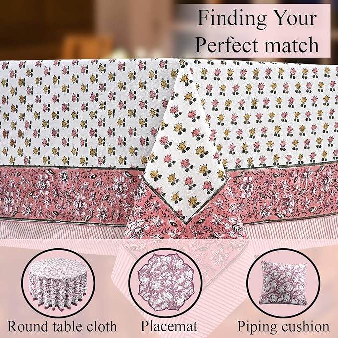 CPC Rosette Bloom Tablecloth 100% Cotton 70x118 Inch Indian Block Print Rectangle Table Cover, Table Cloth for Gifting in Weddings, Halloween, Fall, Christmas, Thanksgiving