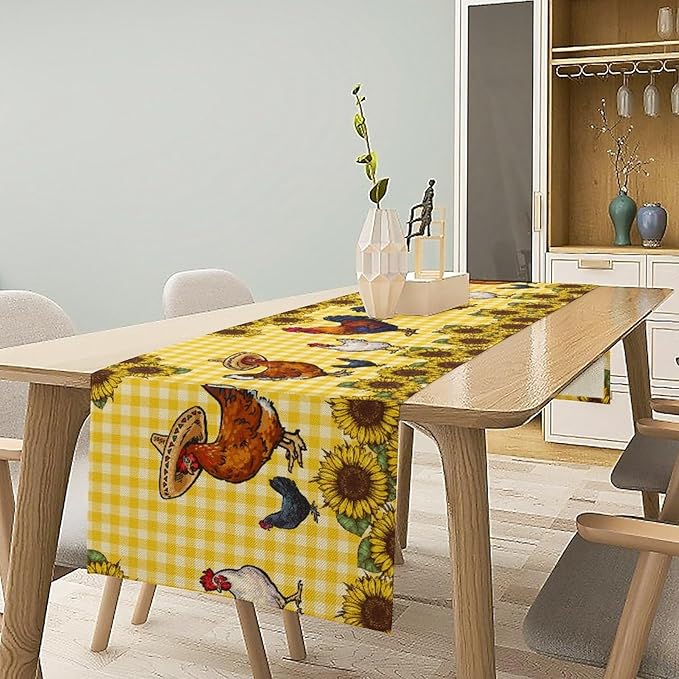 Farm Rooster Table Runner, Retro Western Farmhouse Chicken Sunflower Retro Yellow Buffalo Grid Print Table Runner for Dinning Holiday Party Indoor Outdoor Decor, 13x60inch