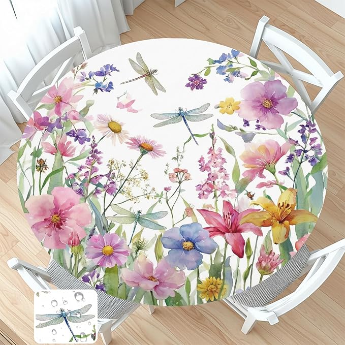 Spring Summer Floral Round Fitted Tablecloth with Elastic Wildflower Dragonfly Circle Table Cloth for 36-40" Tables Farmhouse Easter Flowers Stretch Waterproof Table Cover for Picnic Outdoor Dining