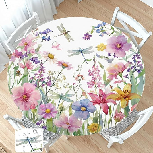 Spring Summer Floral Round Fitted Tablecloth with Elastic Wildflower Dragonfly Circle Table Cloth for 36-40" Tables Farmhouse Easter Flowers Stretch Waterproof Table Cover for Picnic Outdoor Dining