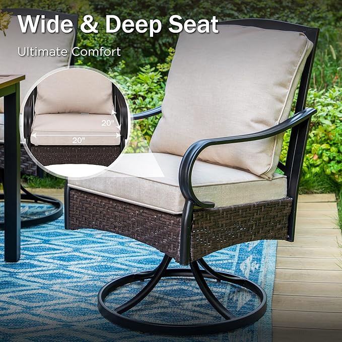 PHI VILLA Heavy Duty Outdoor Dining Set, 7-Piece Round Patio Table Set, 52" Round Dining Table with Umbrella Hole & 6 Outdoor Swivel Rocking Chairs with Thick Cushions