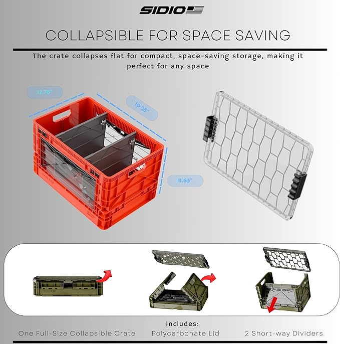 SIDIO Full-Size Collapsible Crate - Heavy Duty Stackable Storage Bin with Lid & 2 Short-Ways Dividers, Durable Plastic Organizer for Home, Office, Garage & Outdoor Use (Green)