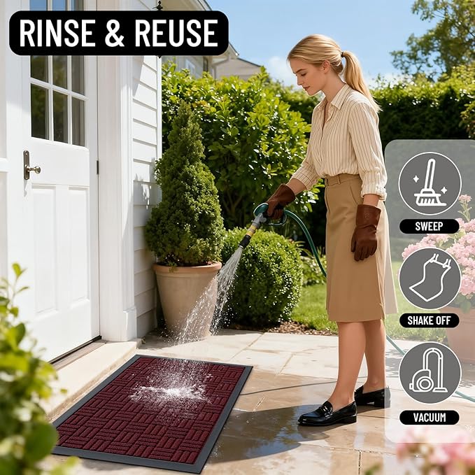 OLANLY Front Door Mat Outside Entrance 47x17, Absorbent, Heavy Duty Sturdy Natural Rubber Doormat Indoor Outdoor, Non-Slip, Stain and Fade Resistant, Low Profile Floor Mat for Entryway, Burgundy