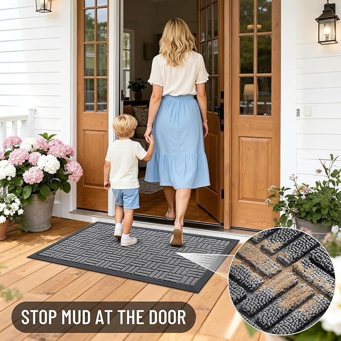 OLANLY Front Door Mat Outside Entrance 35x23, Absorbent, Heavy Duty Sturdy Natural Rubber Doormat Indoor Outdoor, Stain and Fade Resistant, Non-Slip Backing Low Profile Floor Mat for Entryway, Grey
