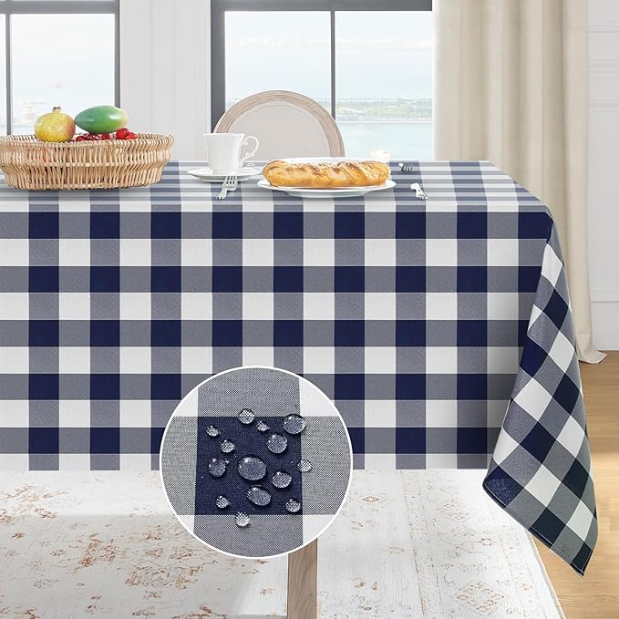 Softalker Gingham Checkered Tablecloth Rectangle - Outdoor Waterproof Buffalo Plaid Table Cloth, Stain Resistant Washable Table Cover for Picnic, Camping, Dining - Navy Blue and White, 60 x 120 Inch