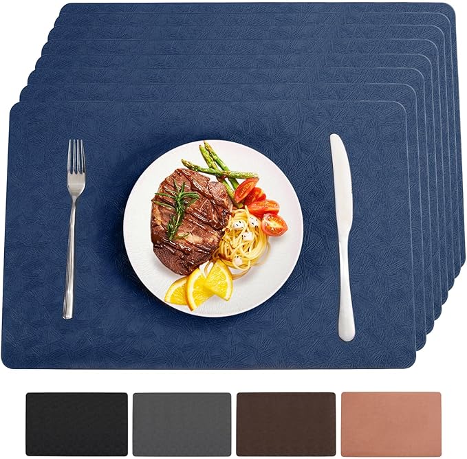 Vinyl Placemats Set of 6 Heat Resistant Easy Clean Non-Slip Place Mats for Dining Table. Faux Leather Waterproof Stain Resistant Wipeable Washable PU Table Mats(6, Blue)