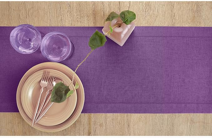 Solino Home Linen Table Runner 90 Inches Long - Classic Hemstitch 100% Pure Linen Purple Dining Table Runner 14 x 90 Inch for Valentines, Spring, Easter