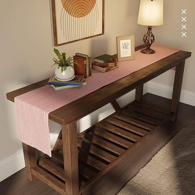 Encasa XO Cotton Dining Table Runner | Ticking Red | Size 13x59 in - Machine Washable & Durable
