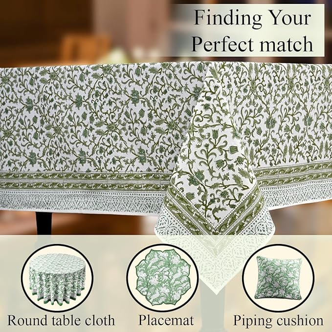 CPC Meadow Vine Tablecloth 100% Cotton 70x118 Inch Indian Block Print Rectangle Table Cover, Table Cloth for Gifting in Weddings, Halloween, Fall, Christmas, Thanksgiving