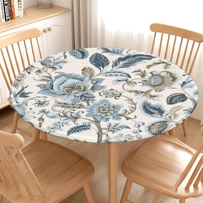 Vintage Floral Round Fitted Tablecloth with Elastic Blue Brown Chinoiserie Flower Circle Table Cloth for 36-40" Round Tables Wipeable Waterproof Elegant Rustic Table Cover for Dining Patio Picnic