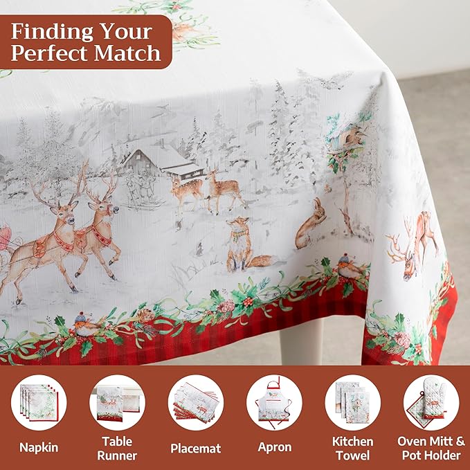 Maison d' Hermine Table Cloth Rectangle Table 100% Cotton 70 x 120 Inches Fall Tablecloth Reusable Everyday Use for Thanksgiving Christmas Decorations Dining Farmhouse Party (Christmas Tradition)