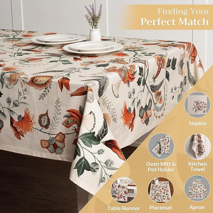 Maison d' Hermine Table Cloth Rectangle Table 100% Cotton 70 x 90 Inches Fall Tablecloth Reusable Everyday Use for Thanksgiving Christmas Decorations Dining Farmhouse Party (Dalida)