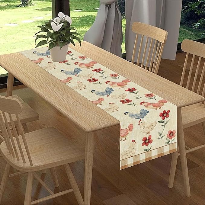 Farmhouse Rooster Table Runner, Rustic Farm Chicken Brown Plaid Flower Plant Watercolor Coffee Table Center Decor for Home Kitchen Dining Patio Party Indoor Outdoor Table Decorations, 13" X 72"