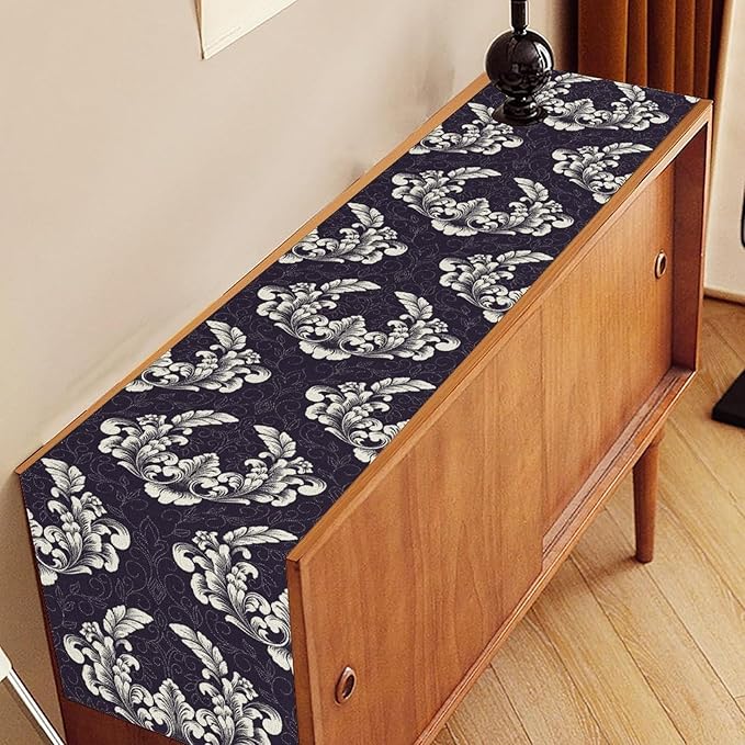 Gothic Table Runner, Antique Retro Damask Floral Bohemian Boho Purple Rustic Vintage Coffee Table Center Decor for Kitchen and Dining Outdoor Home Country Party Table Decorations, 13"x72"