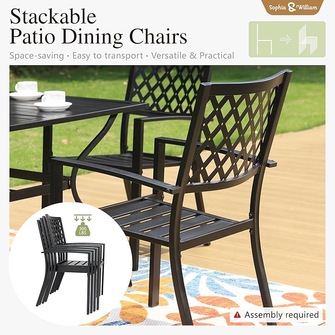 Sophia & William Patio Dining Set with 13ft Double-Sided Patio Umbrella, 8 Piece Metal Outdoor Table Furniture Set with 6 Stackable Chairs, 1 Rectangle Dining Table and 1 Large Beige Umbrella