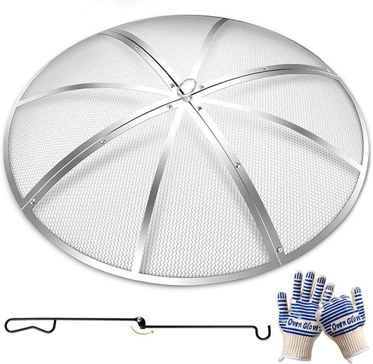 Stainless Steel Fire Pit Spark Screen 22 Inch Round, Heavy Duty Outdoor Fire Pit Screen Cover with Foldable Hook & Marshmallow Sticks, Mesh Spark Protector for Backyard, Camping, Beach