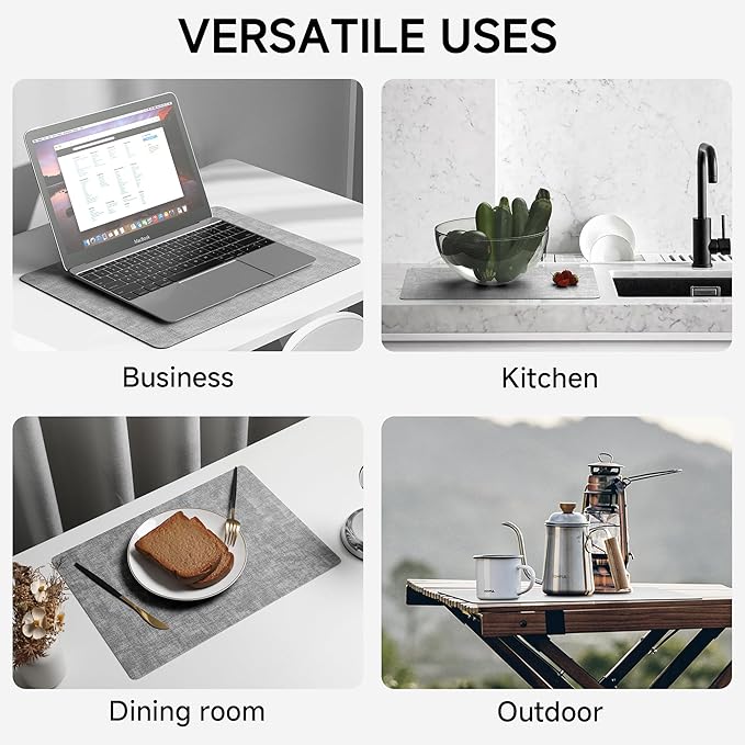 Faux Leather Vinyl Placemats Set of 4 Wipeable Heat Resistant Place Mats 100% Washable - Waterproof - Anti Slip Reversible Table Mats for Kitchen/Dining/Party, 12" x 16.5", Smokey Grey & Dark Grey