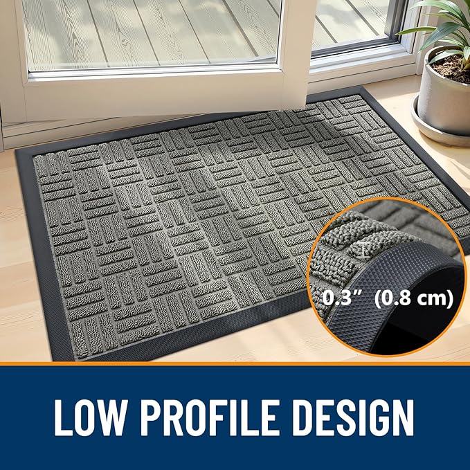 OLANLY Front Door Mat Outside Entrance 33x21, Absorbent, Heavy Duty Sturdy Natural Rubber Doormat Indoor Outdoor, Non-Slip, Stain and Fade Resistant, Low Profile Floor Mat for Entryway, Modern Gray