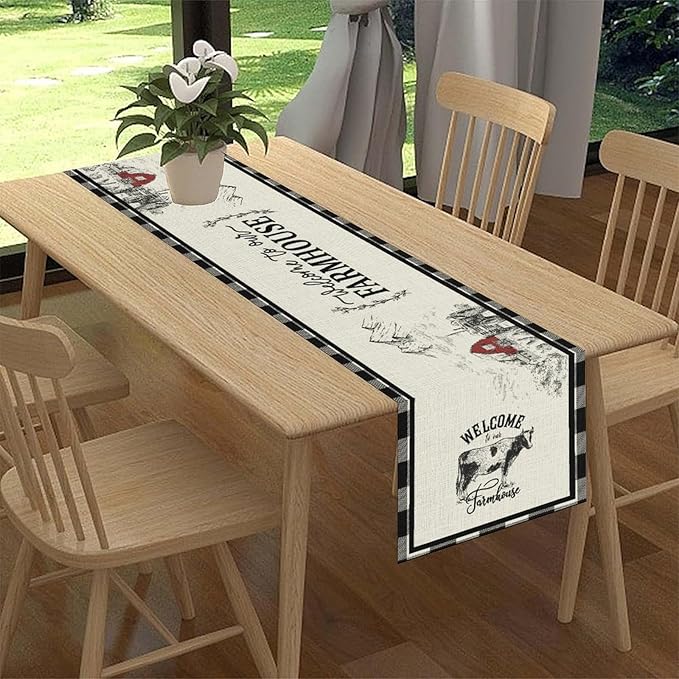 Farmhouse Table Runner, Rustic Country Barn Cottage Rooster Cow Check Animal Plank Coffee Table Center Decor for Home Kitchen Dining Patio Holiday Party Indoor Outdoor Table Decorations 13"x36"