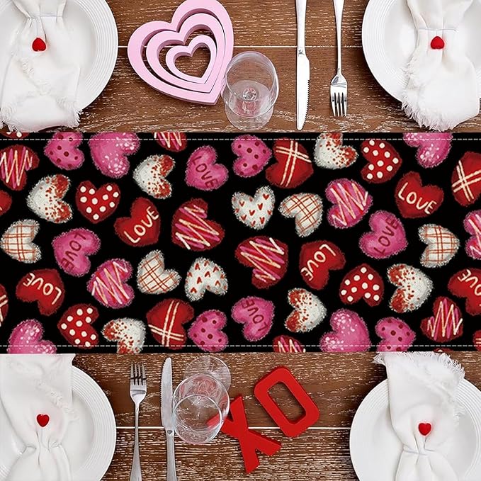 Valentines Day Decorations Table Runner Love Hearts Black Kitchen Dining Table Decor Holiday Anniversary Indoor Outdoor Party Suppies 48×13 Inch