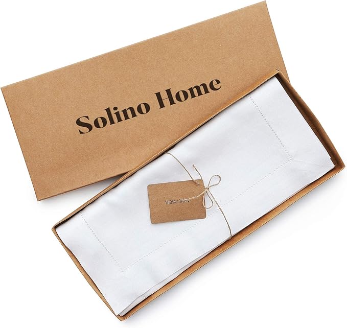 Solino Home Linen White Table Runner 108 Inches Long - 100% Pure Linen 14 x 108 Inch Table Runner for Valentines, Spring, Easter - Classic Hemstitch