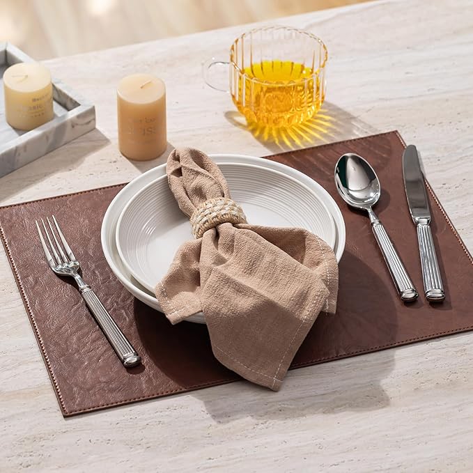 Faux Leather Placemats Set of 6 Vinyl Washable Wipeable Table Mats for Kitchen Dining Table Heat Resistant Waterproof Indoor/Outdoor Placemats Non-Slip Easy Clean Place Mats (Reddish Brown)