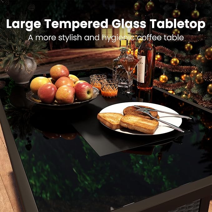 Propane Outdoor Fire Pit Table, 43" Rattan Rectangle Fire Pit Table, Outdoor Gas FirePit W/Glass Wind Guard, Tempered Glass Tabletop, Lid, CSA Listed, 60,000 BTU for Outside Patio Deck & Garden, Black