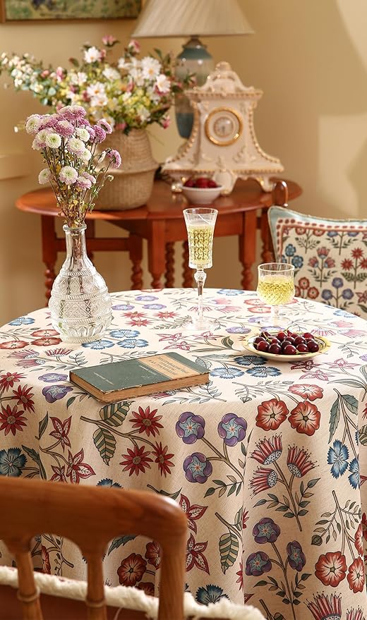 French Linen Small Round Tablecloth,Vintage Colorful Multiple Prints Soft and Durable Tablecloths,Decor Table Cover for Kitchen,Dining,Party,Thanksgiving,Christmas,Diameter 55"-Lohi