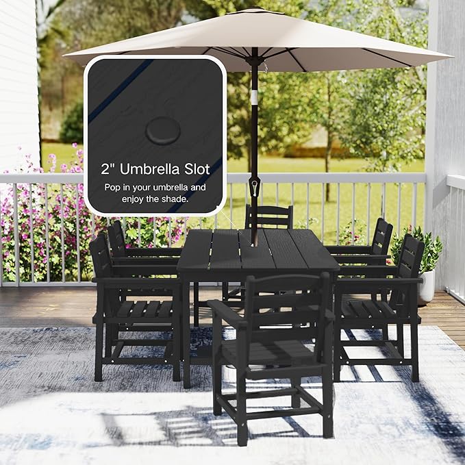 7 Piece Patio Dining Set with 11ft Patio Umbrella (Gray), 7 Black Outdoor HDPE Dining Set with 6 Chairs + 1 Large Table with 2" Umbrella Hole, for Market, Pool, Garden, Backyard, Deck