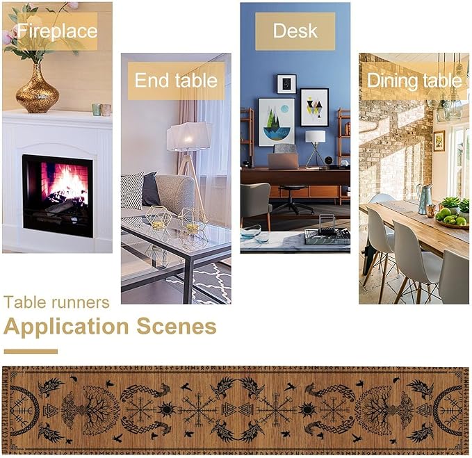 Viking Table Runners, Viking Tree of Life Raven Helmet of Awe Wood Print Table Runner for Home Kitchen Coffee Dining Room Bedroom Party 13x120in