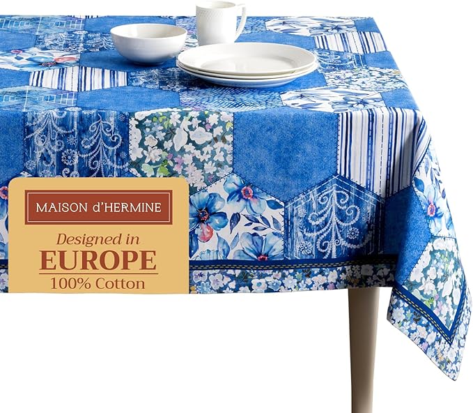 Maison d' Hermine Table Cloth Square Table 100% Cotton 60 x 60 Inches Tablecloth Reusable Decorative Everyday Use for Dining Room, Farmhouse, Home Party, Festive & Wedding Spring Summer - Summer Blues