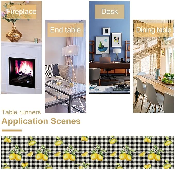 Fresh Lemon Table Runner, Yellow Lemon Black White Buffalo Check Plaid Table Runner for Farmhouse Coffee Home Kitchen Dining 13x70in