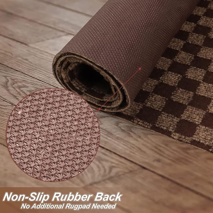 4' x 31' Runner Rugs with Rubber Backing, Indoor Outdoor Utility Carpet Runner Rugs, Checkered Brown, Can Be Used as Aisle for The RV and Boat, Laundry Room and Balcony