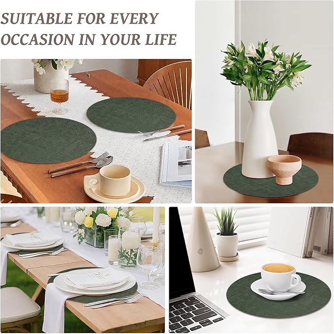 13" Round Placemats Set of 8, Reversible Faux Leather Heat Resistant Table Mats, Waterproof Oilproof Wipeable Table Protective Placemats for Vinyl, Washable for Indoor & Outdoor Use (8, Dark Green)