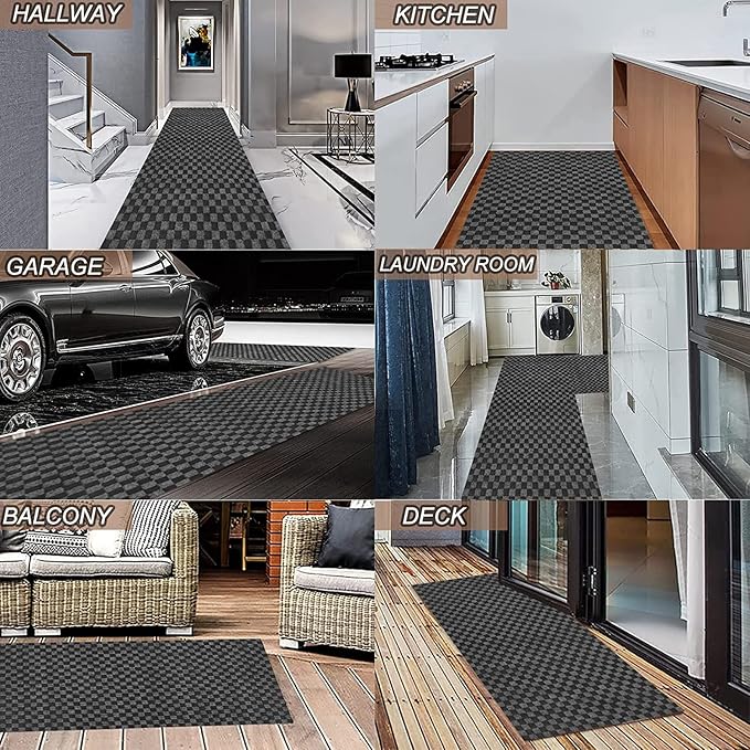 3' x 68' Runner Rugs with Rubber Backing, Indoor Outdoor Utility Carpet Runner Rugs, Checkered Gray, Can Be Used as Aisle for The RV and Boat, Laundry Room and Balcony