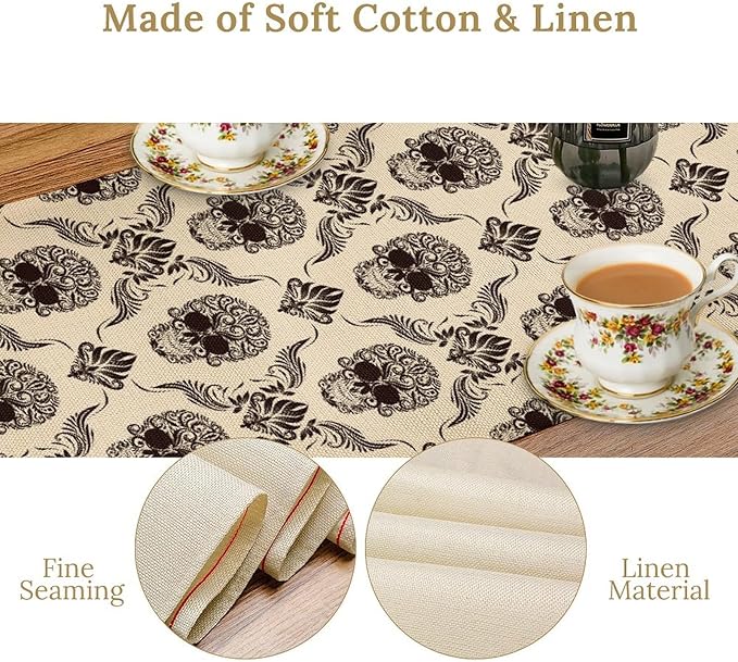 Gothic Table Runner, Retro Antique Damask Skull Pattern Classic Halloween Boho Black Coffee Vintage Table Center Decor for Kitchen and Dining Outdoor Home Country Party Table Decorations, 13"x72"