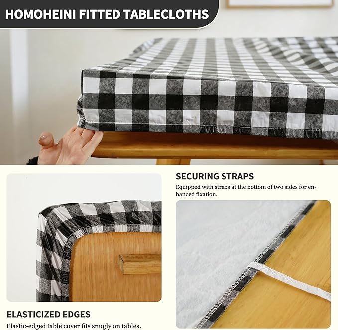 Rectangle Picnic Table Cloth, Elastic Waterproof Fitted Vinyl Tablecloths for 8 Foot Tables, Wipeable Flannel Backed Table Covers for Dining, Camping, Outdoor(Black Plaid,36"x96")
