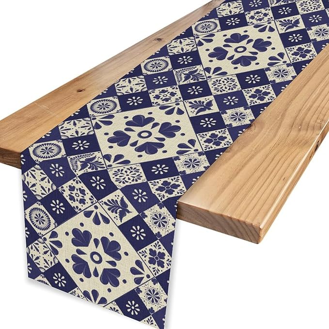 Mexican Table Runner, Blue Floral Birds Mexico Talavera Ceramic Dia De Los Muertos Coffee Table Center Decor for Family Home Kitchen and Dining Farmhouse Indoor Outdoor Table Decorations, 13" X 108"