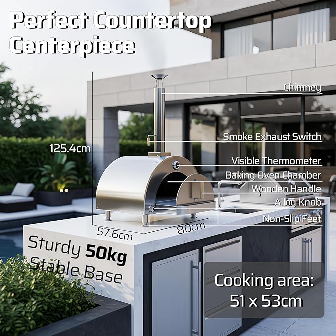 Gas Pizza Oven 16 Inch - 600°C Stainless Steel 304 Table Top Pizza Oven for Outdoor Use, Countertop Pizza Maker with Double-Layer Insulation for Backyard, Patio, Outdoor Kitchen (propane)