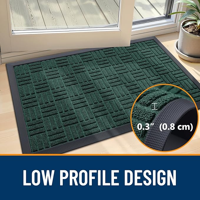 OLANLY Front Door Mat Outside Entrance 29.5x17, Absorbent, Heavy Duty Sturdy Natural Rubber Doormat Indoor Outdoor, Non-Slip, Stain and Fade Resistant, Low Profile Floor Mat for Entryway, Black Green