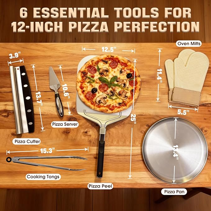 Pizza Peel Aluminum Metal Pizza Spatula Kit | 12x14 Inch Foldable Handle Paddle | 6Pcs Pizza Oven Accessories with Rocker Cutter, Pizza Pan, Pizza Server, Oven Mitts, for Family Oven Baking