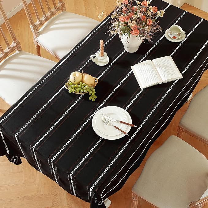 Chassic 60 x 104 inches Farmhouse Style Linen tablecloths, Wrinkle Resistant Washable Dining Room Table Cloths for 6 Foot Rectangle Tables - Hemstitch Black